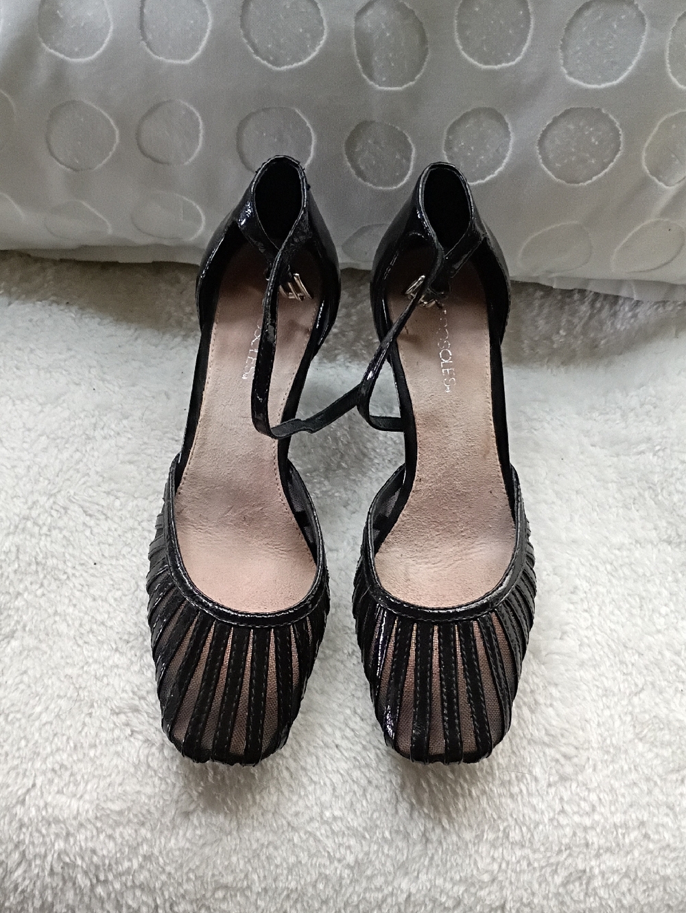 AEROSOLES Black Patent Ankle-Strap Heels with Mesh Front